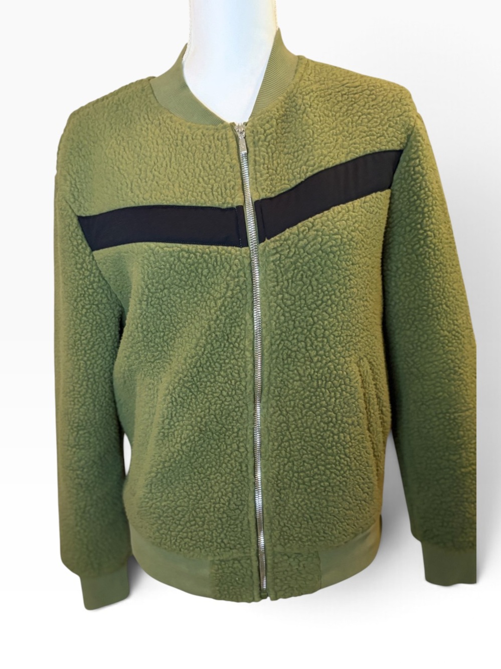 ZYIA Active Sherpa Fleece Bomber Jacket Small Olive Green Black Full Zip